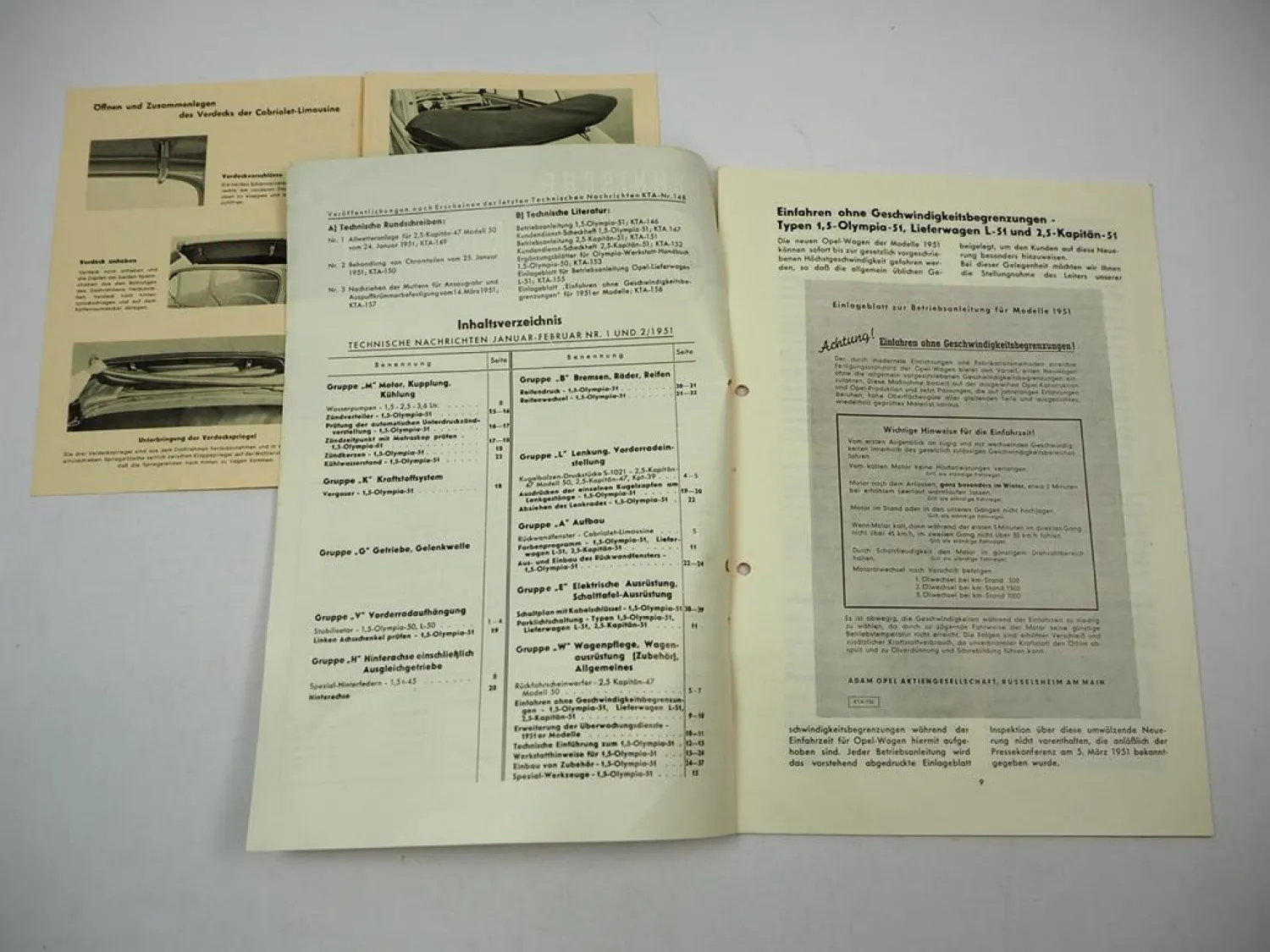 Opel Olympia 51 1,5l Technische Nachrichten Werkstatthinweise + Cabrio 1951
