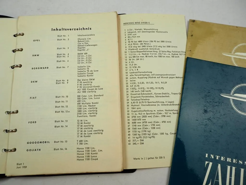 Opel PKW Datenhandbuch 1959 & Zahlen 1958 Olympia Kapitän Technik im Vergleich
