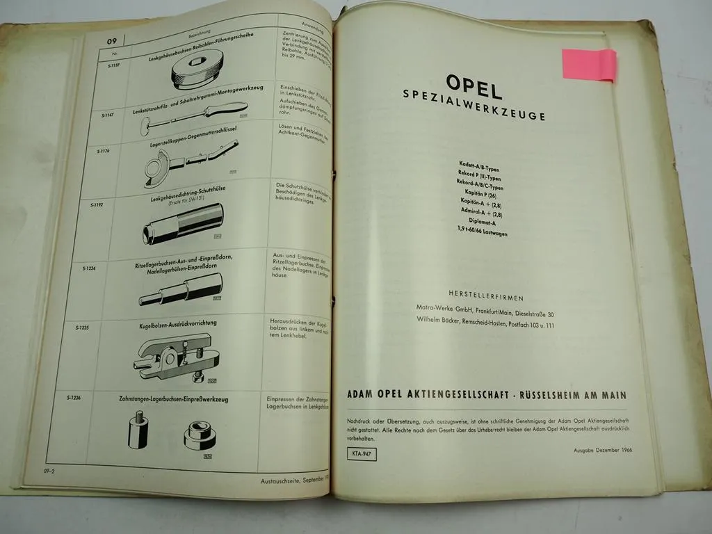 Opel Spezialwerkzeuge Rekord Blitz Kapitän Admiral Diplomat Olympia Commodore Kadett
