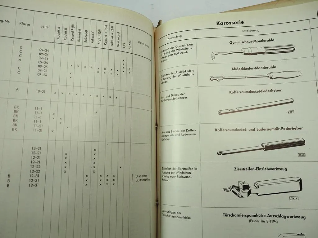 Opel Spezialwerkzeuge Rekord Blitz Kapitän Admiral Diplomat Olympia Commodore Kadett