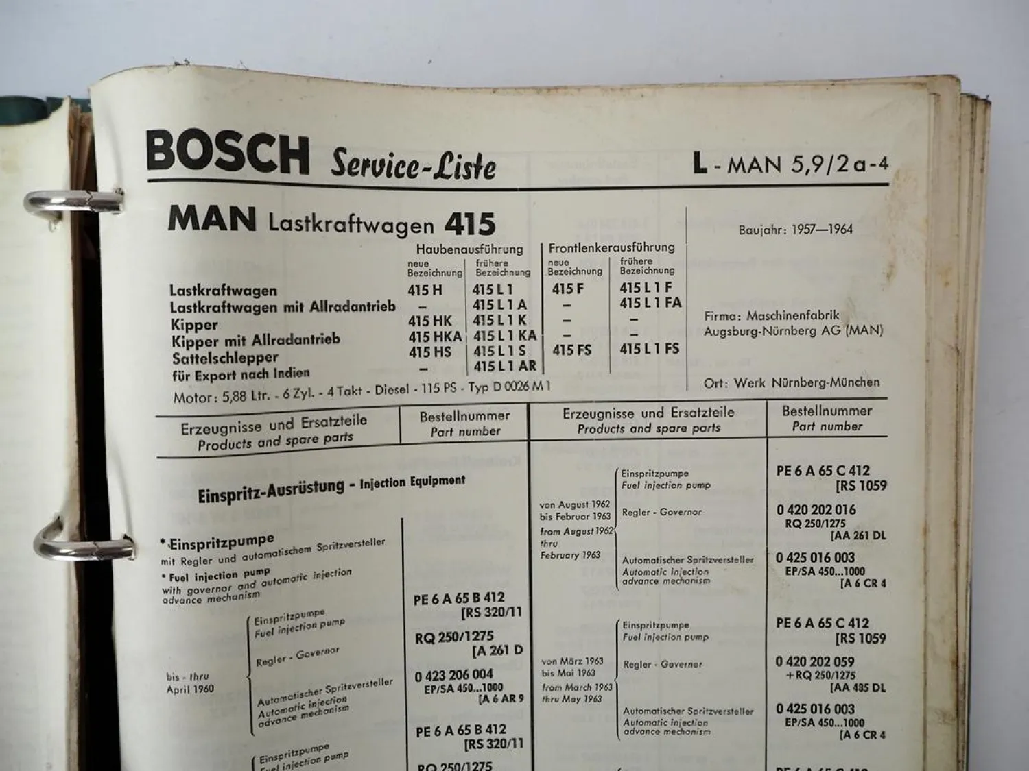 Ordner mit Bosch Service Listen für MAN LKW Kipper Omnibus BJ 1950er-1970er J.