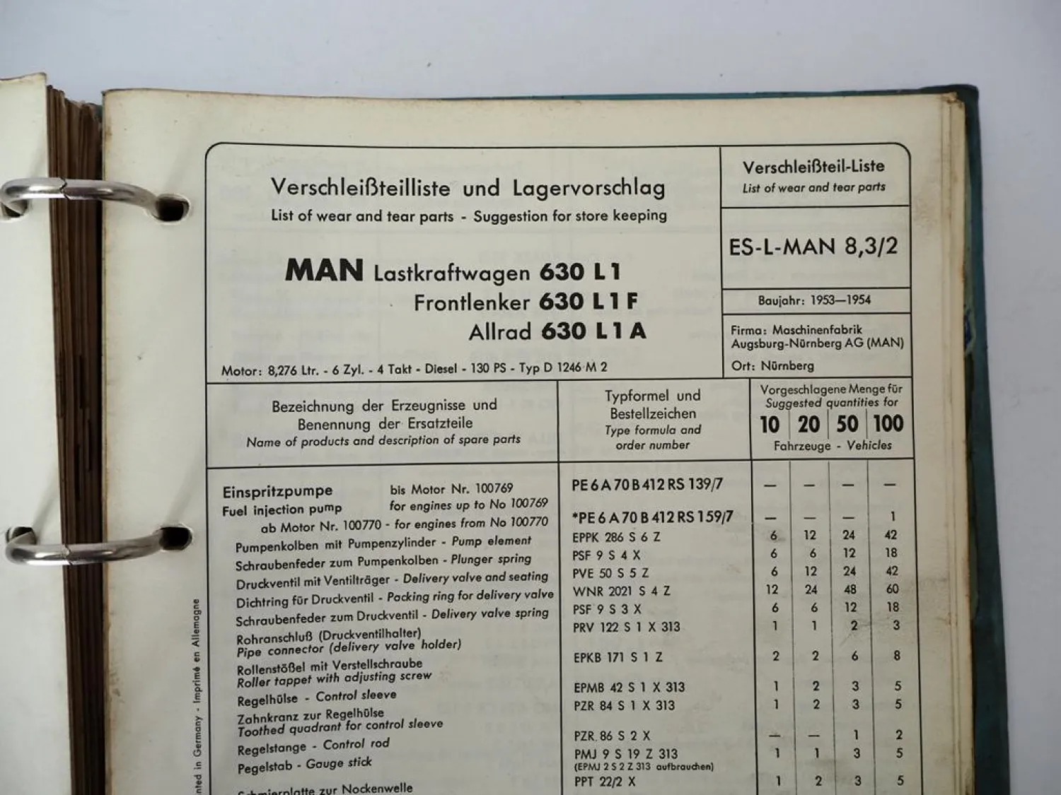 Ordner mit Bosch Service Listen für MAN LKW Kipper Omnibus BJ 1950er-1970er J.