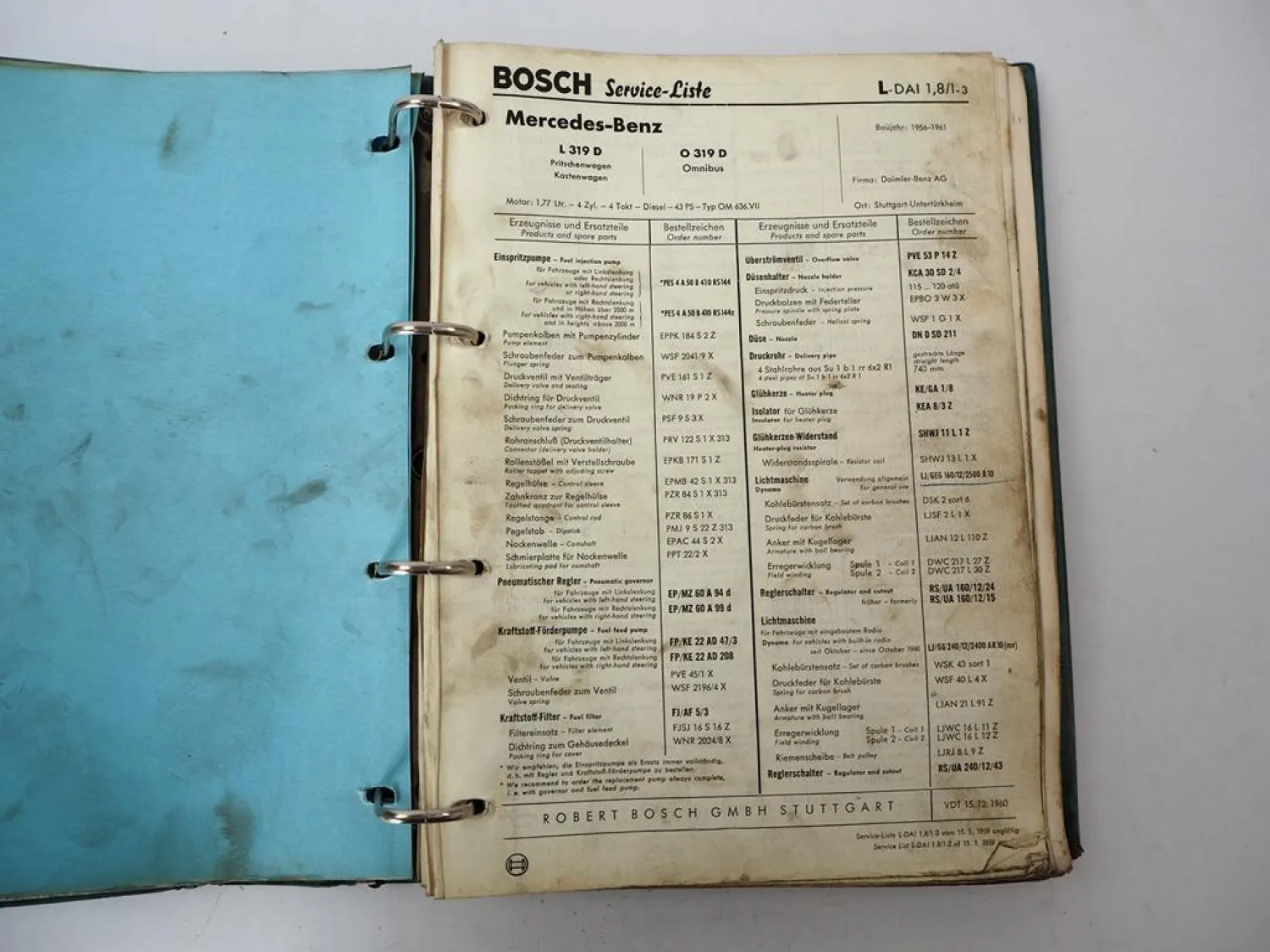 Ordner mit Bosch Service Listen für Mercedes Benz LKW Omnibus BJ 1950er-1960er