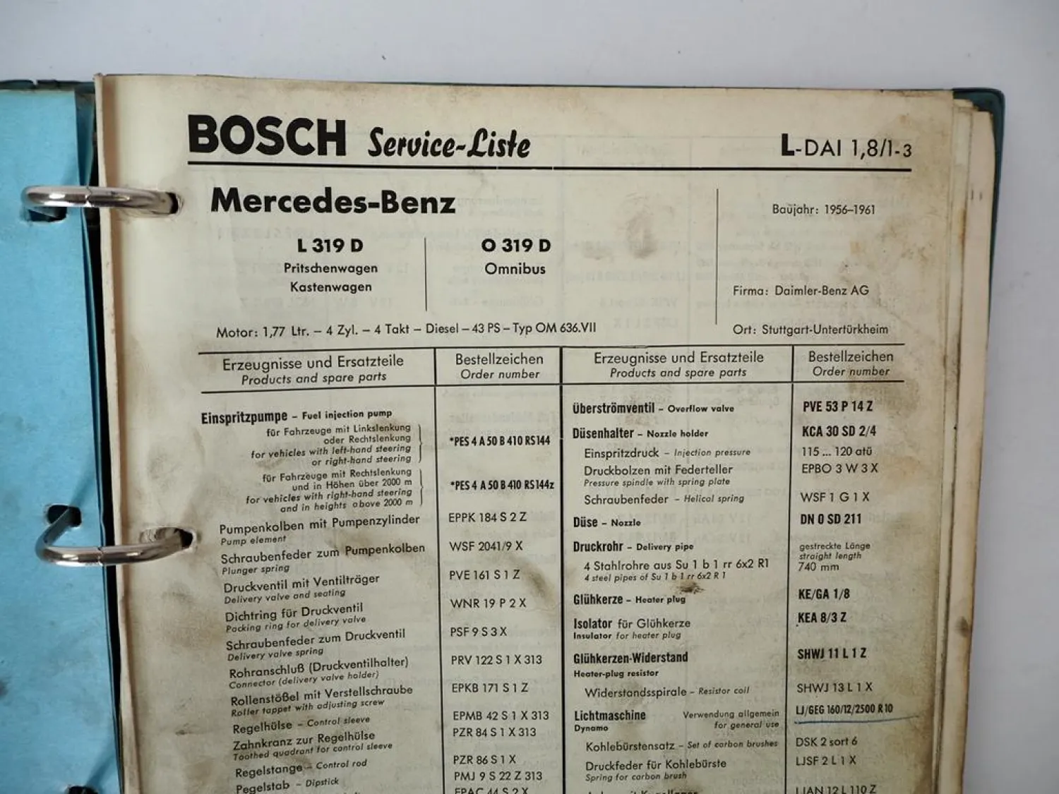 Ordner mit Bosch Service Listen für Mercedes Benz LKW Omnibus BJ 1950er-1960er