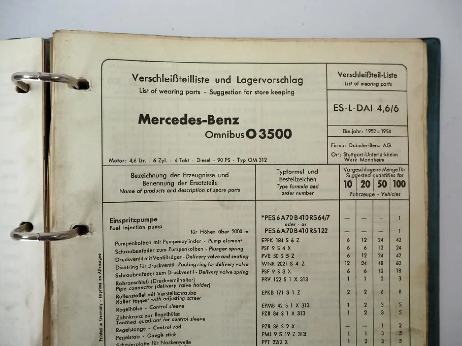 Ordner mit Bosch Service Listen für Mercedes Benz LKW Omnibus BJ 1950er-1960er