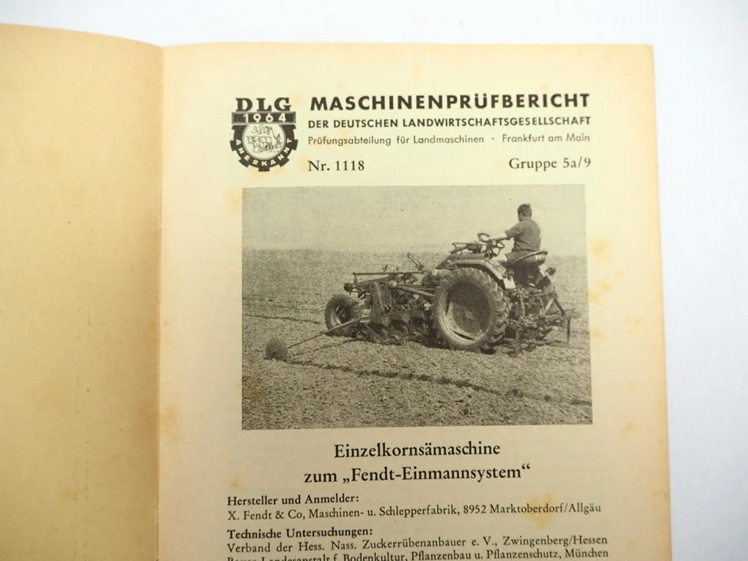 Orig. Fendt Einzelkornsämaschine Einmannsystem für Geräteträger Prüfbericht 1964