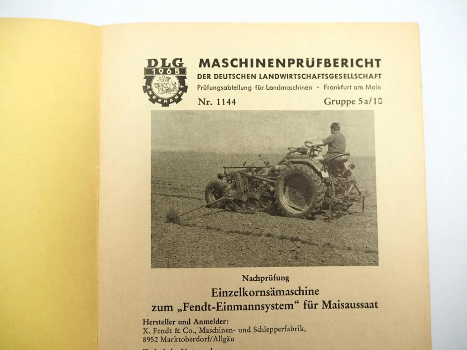 Orig. Fendt Einzelkornsämaschine Einmannsystem für Geräteträger Prüfbericht 1965
