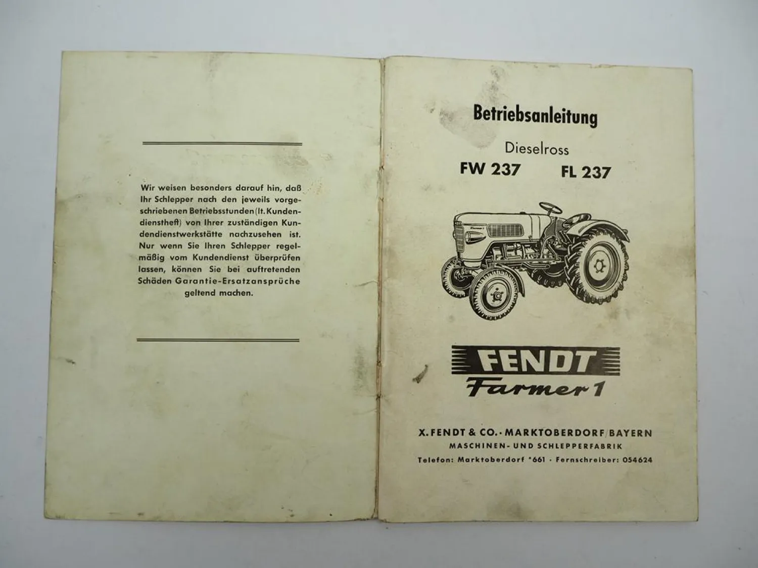Orig. Fendt Farmer 1 FW237 FL237 Dieselross Betriebsanleitung Wartung ca. 1958
