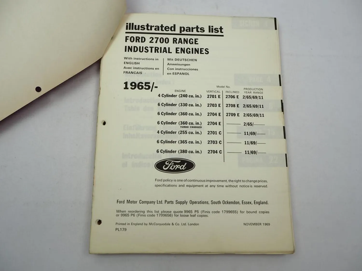 Orig. Ford 2700 Range 4 & 6 Cyl. 2701E - 2709E Service Manual + Parts List 1965