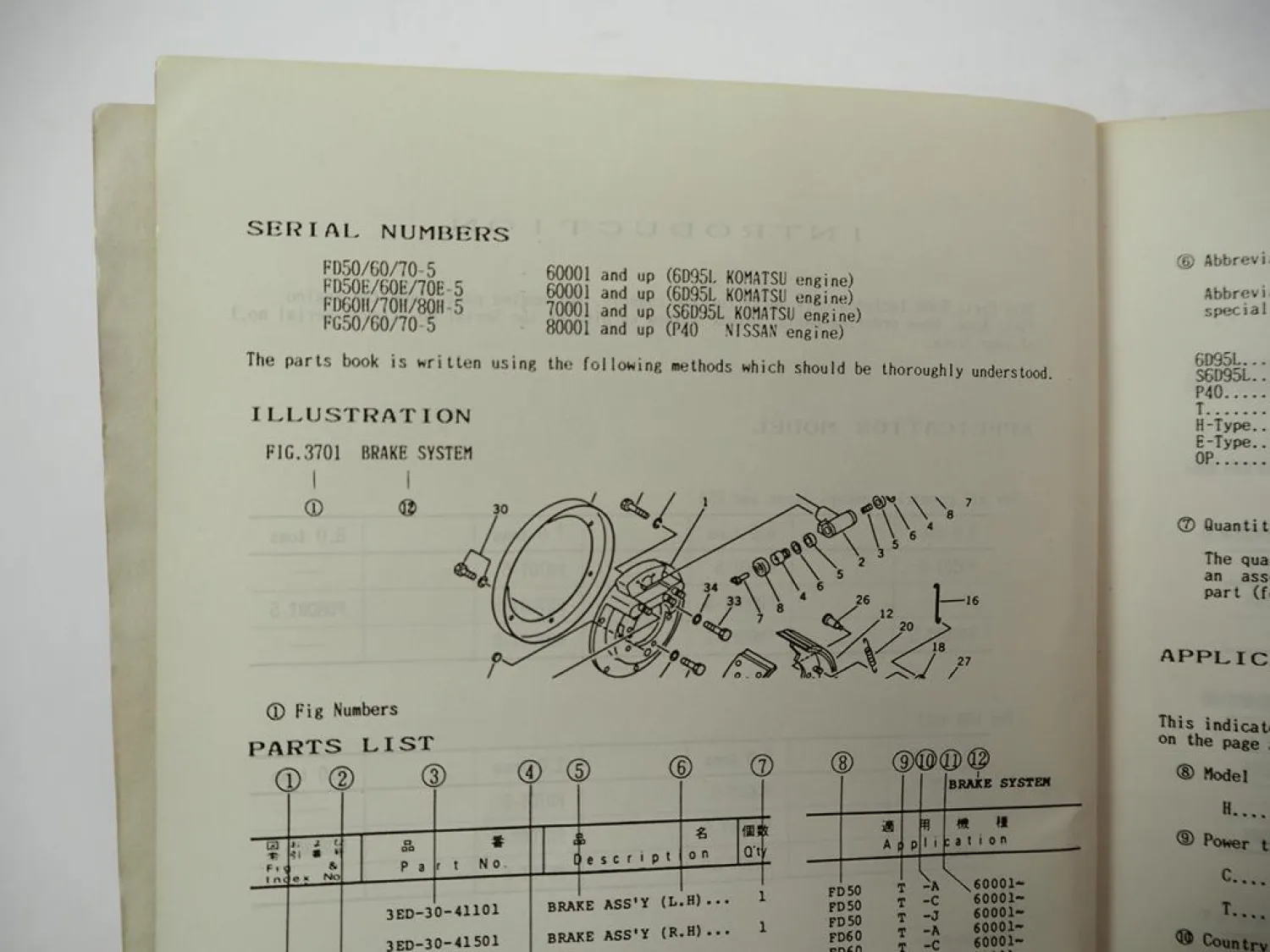Orig. Komatsu FD FG 50 60 70 80 H E -5 Forklift Parts List Ersatzteilliste 1986