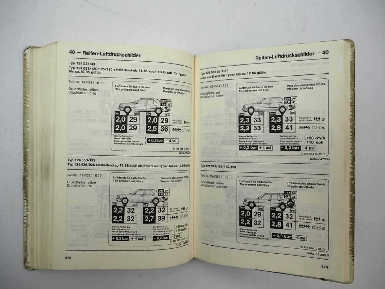 Orig. Mercedes Benz R107 W124 W126 W201 Tabellenbuch ab 1985 190E 2.6 - 560SL
