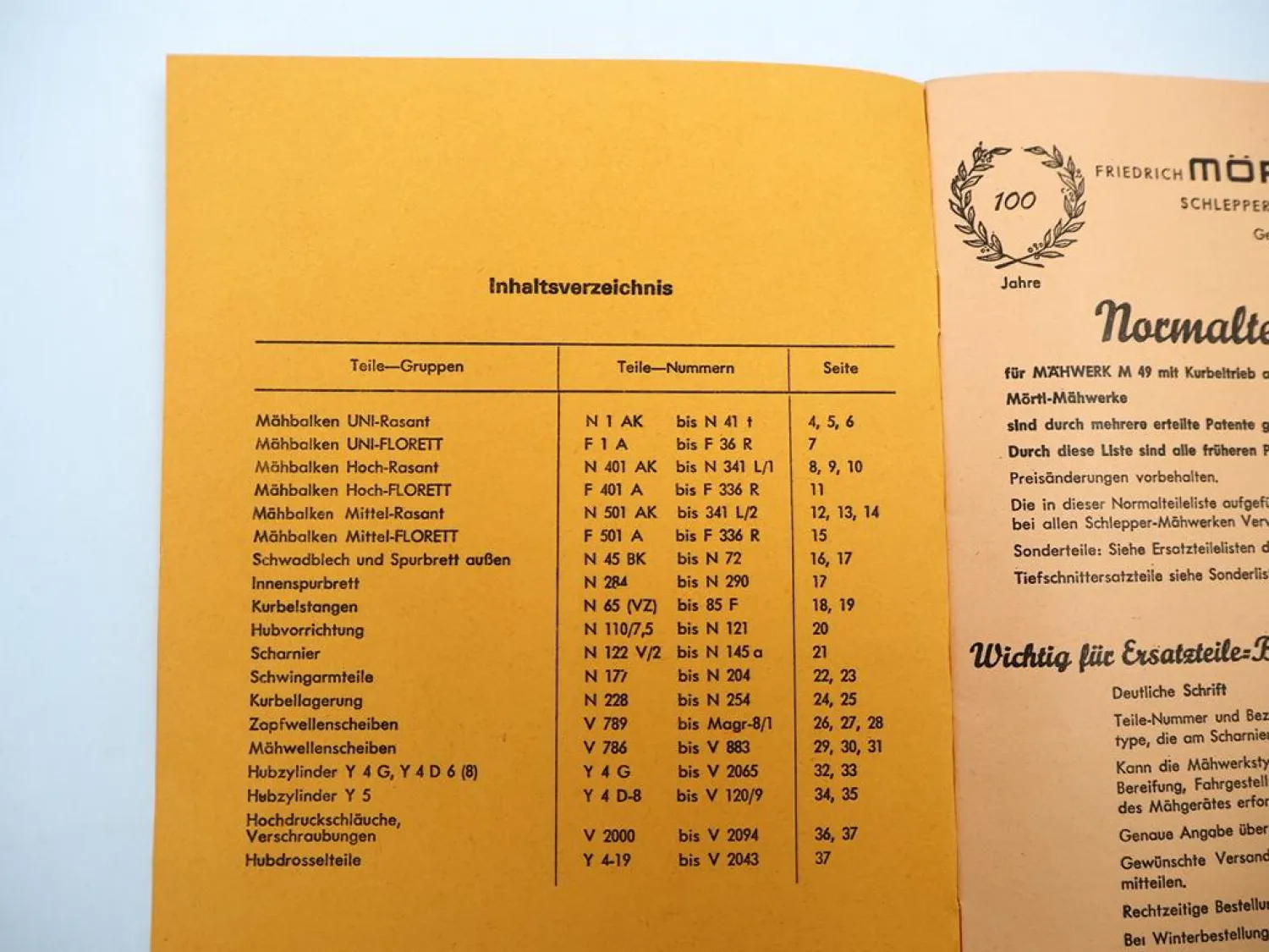 Orig. Mörtl Mähbalken UNI Rasant Florett Normalteileliste Ersatzteilliste 1974