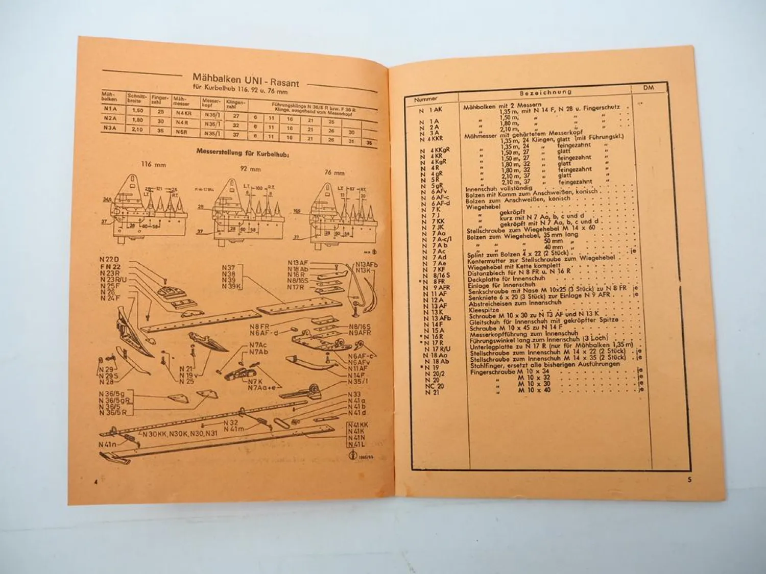 Orig. Mörtl Mähbalken UNI Rasant Florett Normalteileliste Ersatzteilliste 1974