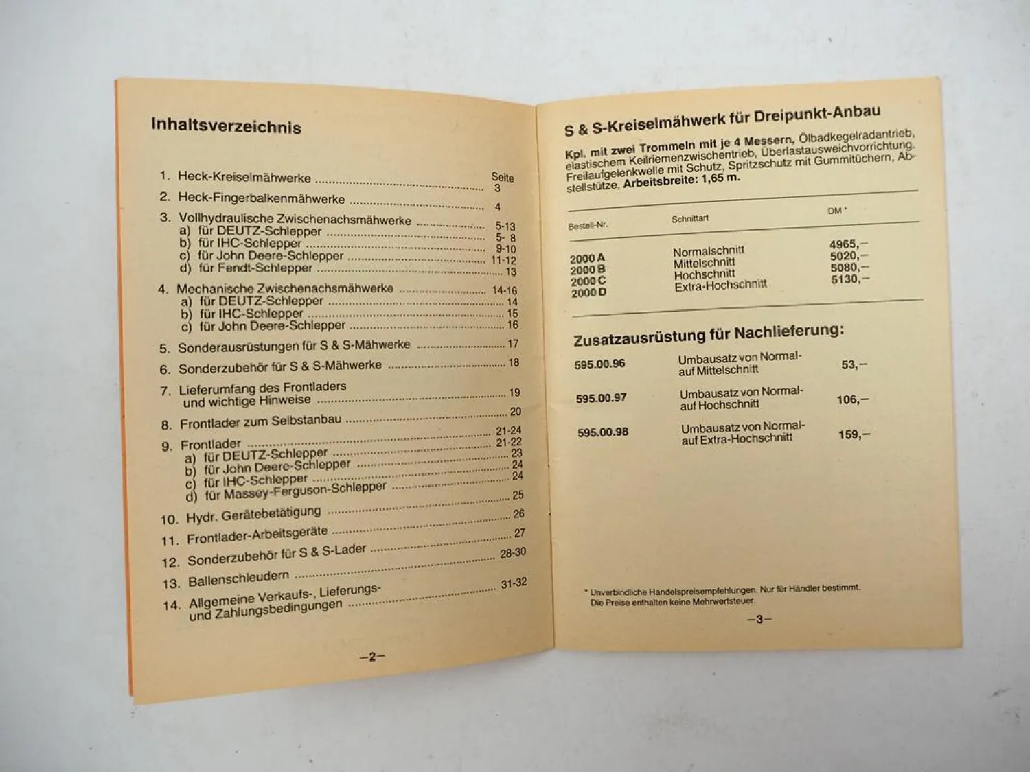 Orig. Preisliste S&S Stockey & Schmitz Mähwerke Frontlader Ballenschleudern 1981