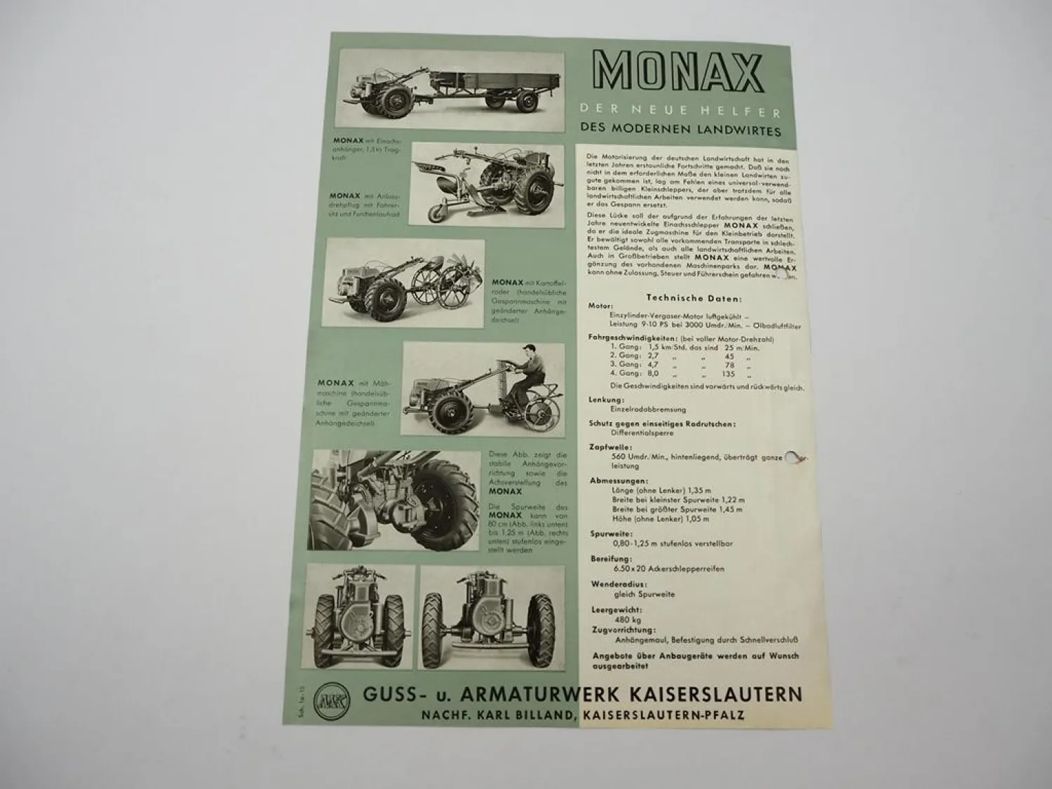 Orig. Prospekt AWK Armaturenwerk Kaiserslautern Monax Einachsschlepper 1950er J.