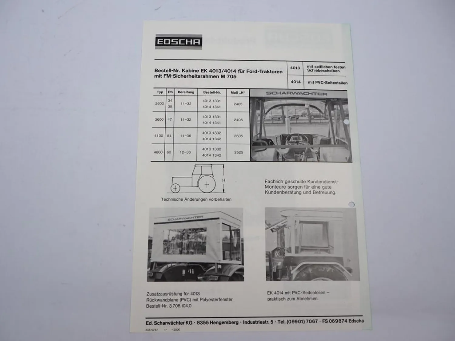 Orig. Prospekt Edscha EK 4013 4014 Kabine für Ford 2600 3600 4100 4600 Schlepper