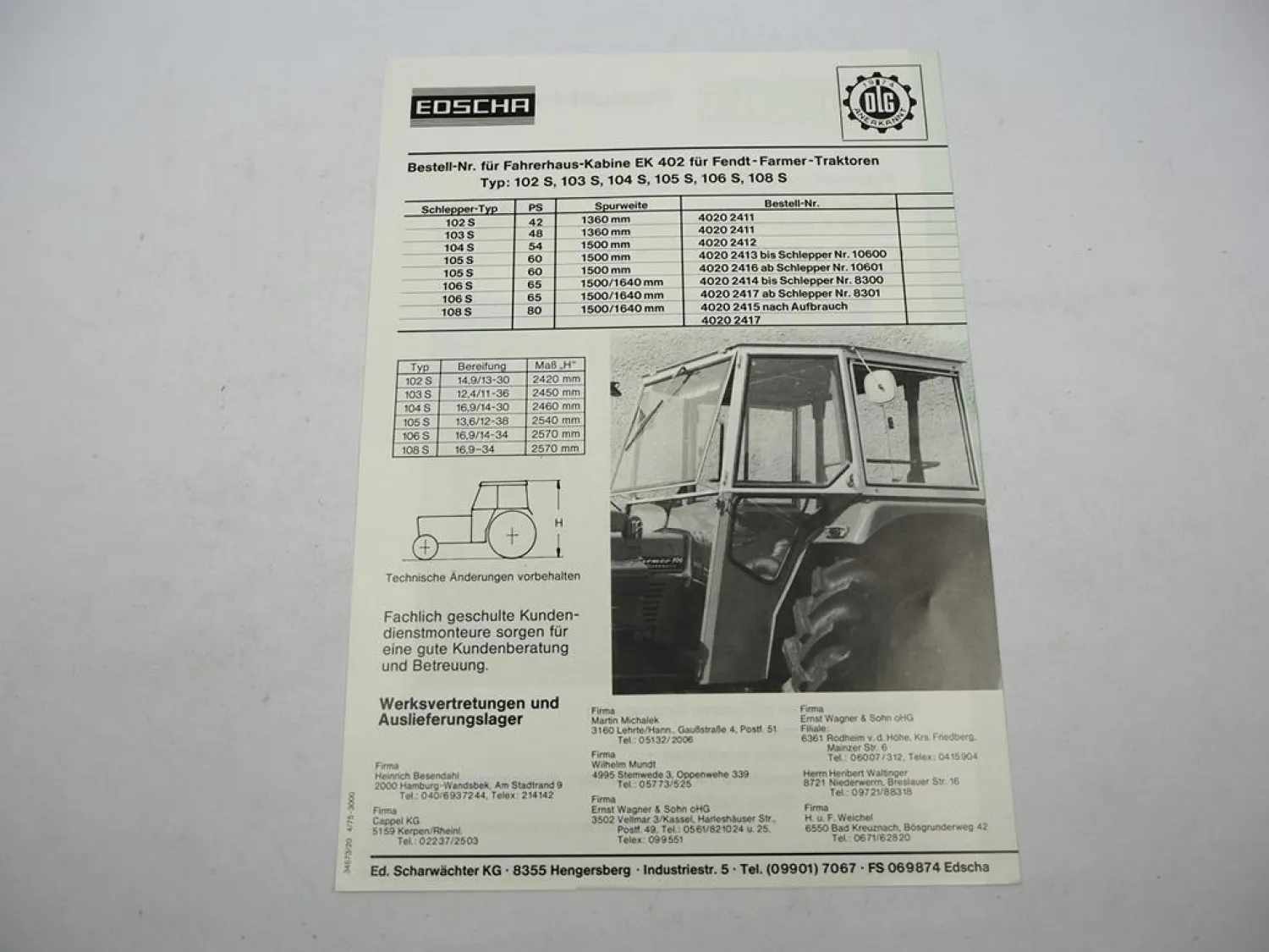 Orig. Prospekt Edscha EK 402 Kabine für Fendt Farmer 102S bis 108S 1975