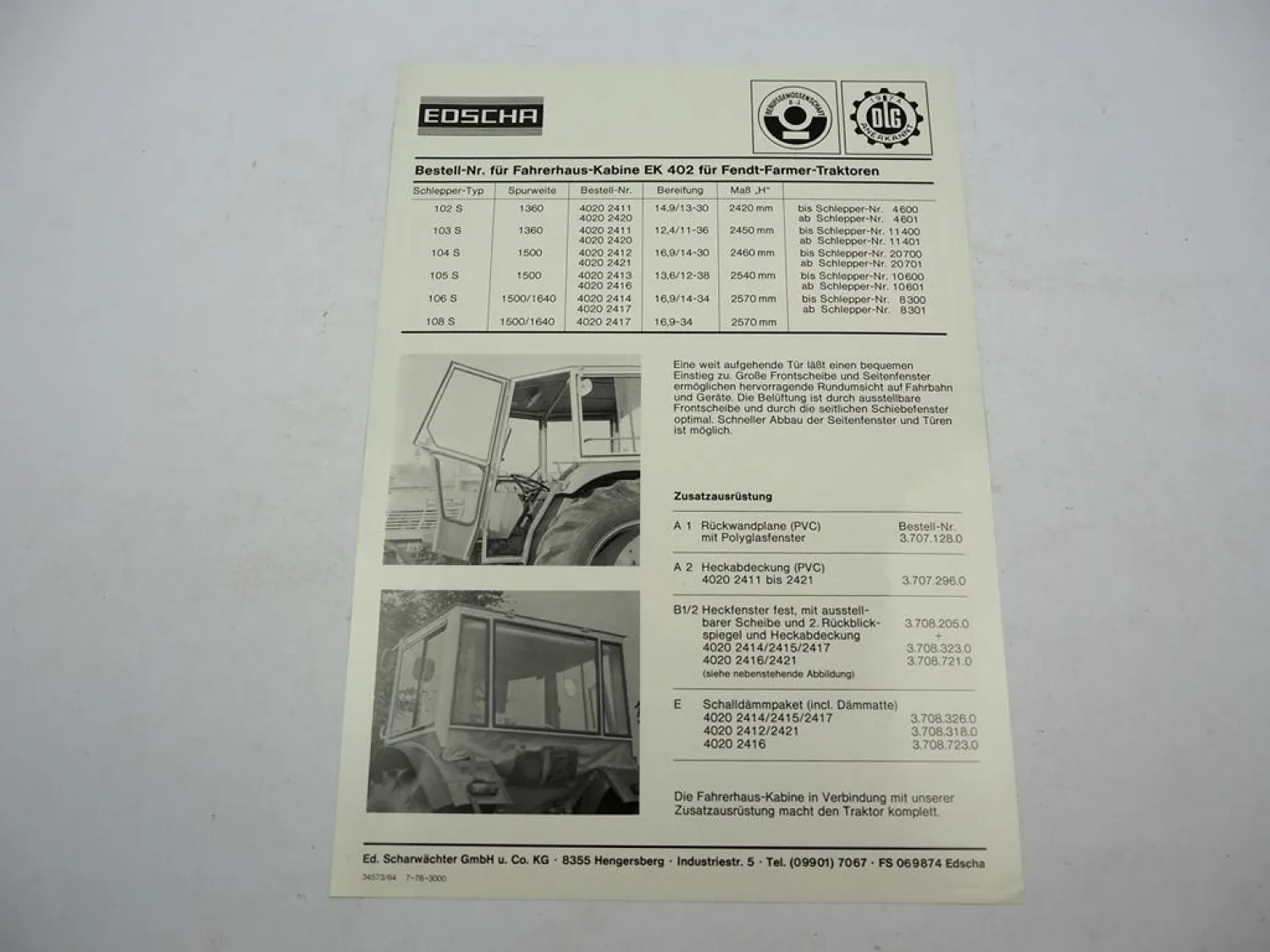 Orig. Prospekt Edscha EK 402 Kabine für Fendt Farmer 102S bis 108S 1976