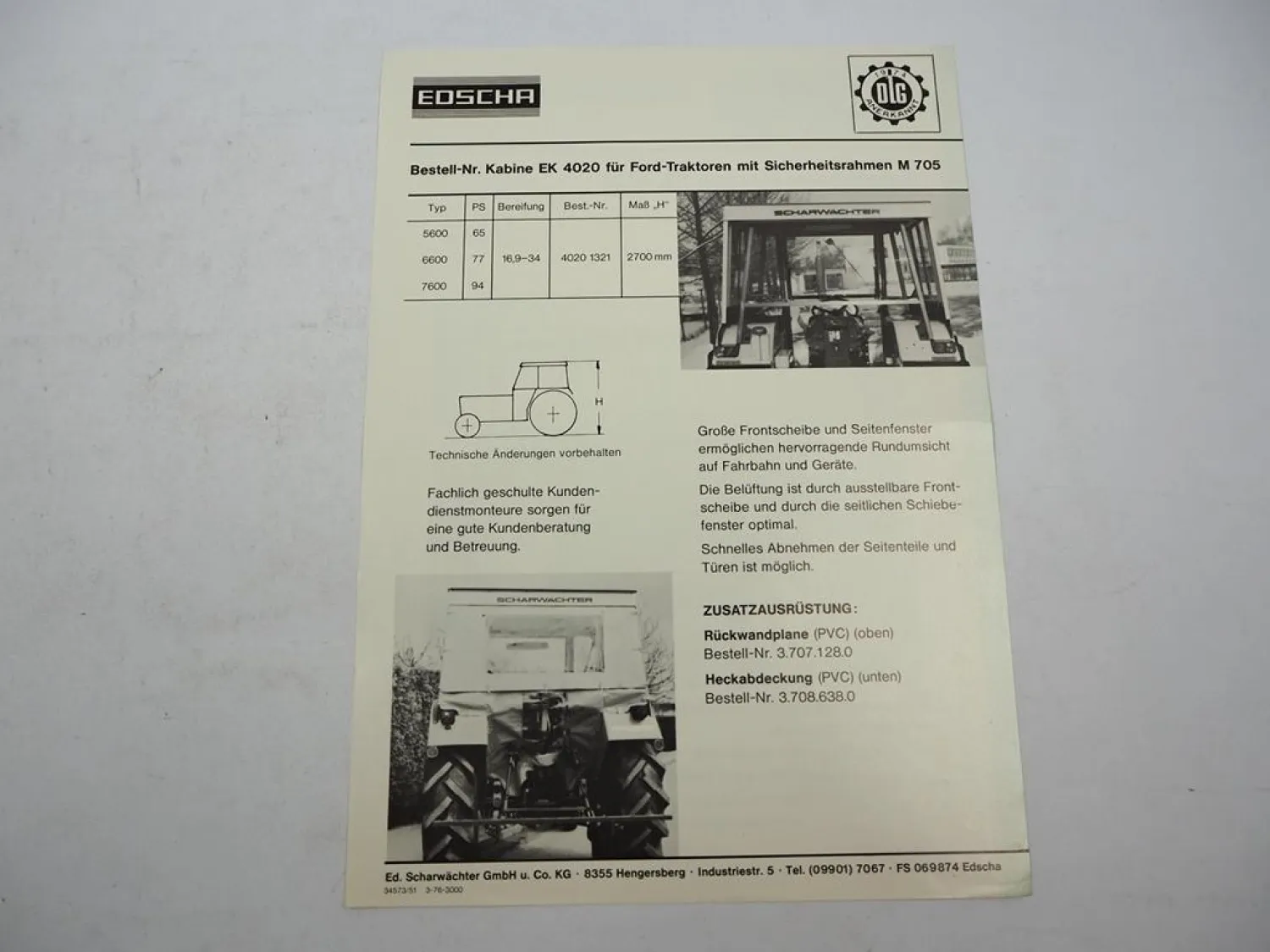 Orig. Prospekt Edscha EK402 Kabine für Ford 5600 6600 7600 Schlepper 1976