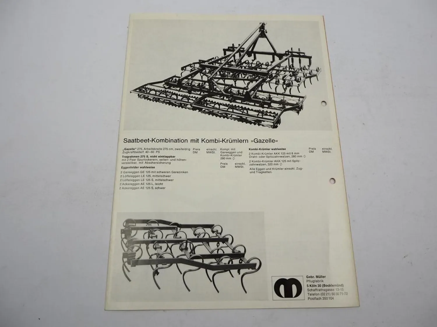 Orig. Prospekt Gebr. Müller Pflugfabrik Köln Produktprogramm Landtechnik 1970er