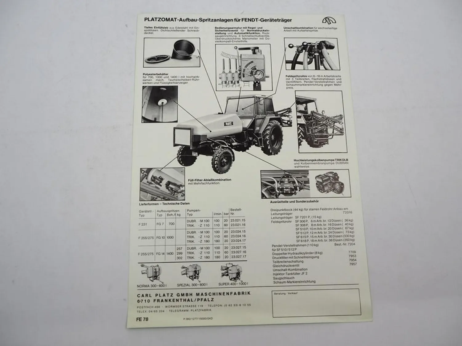 Orig. Prospekt Platz Pflanzenschutz Aufbauspritzen an Fendt Geräteträger GT 1977