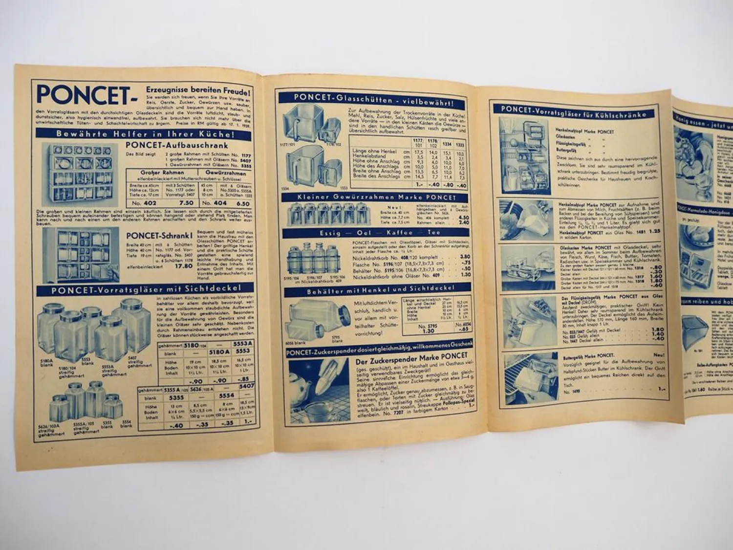 Orig. Prospekt Poncet Küchenhelfer Aufbewahrung Glas 1939 Eisen-Fuchs Stuttgart