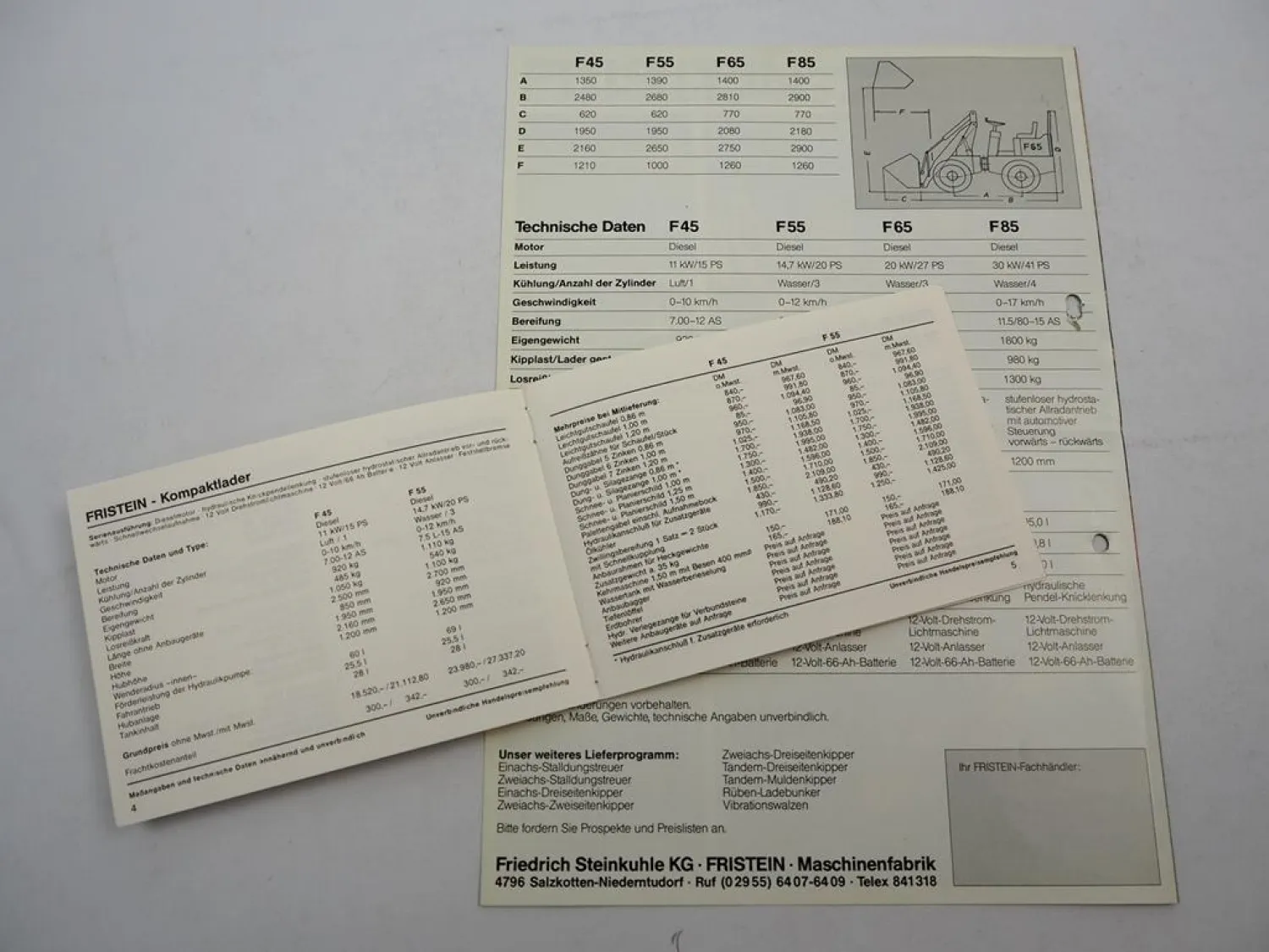 Orig. Prospekt Preisliste Fristein F 45 55 65 85 Fritrac 1986 mit techn. Daten