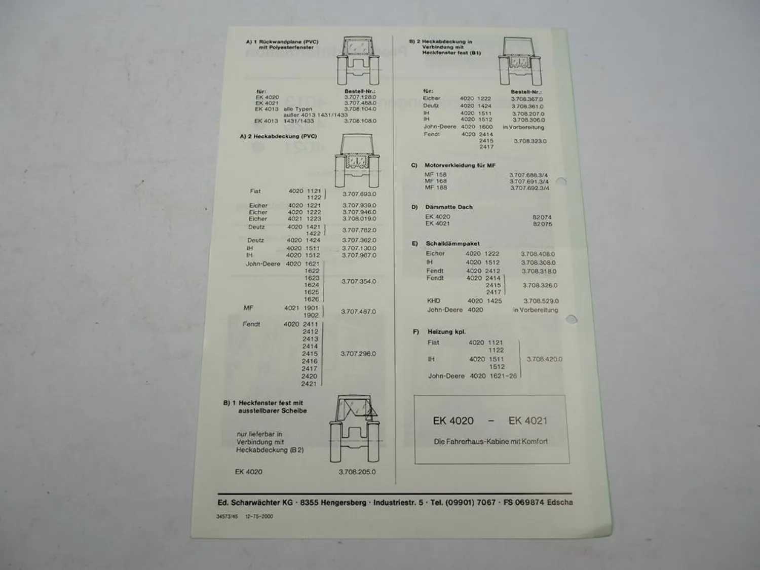 Orig. Prospekt Scharwächter Edscha EK 4013 4020 4021 Kabine für Schlepper 1975