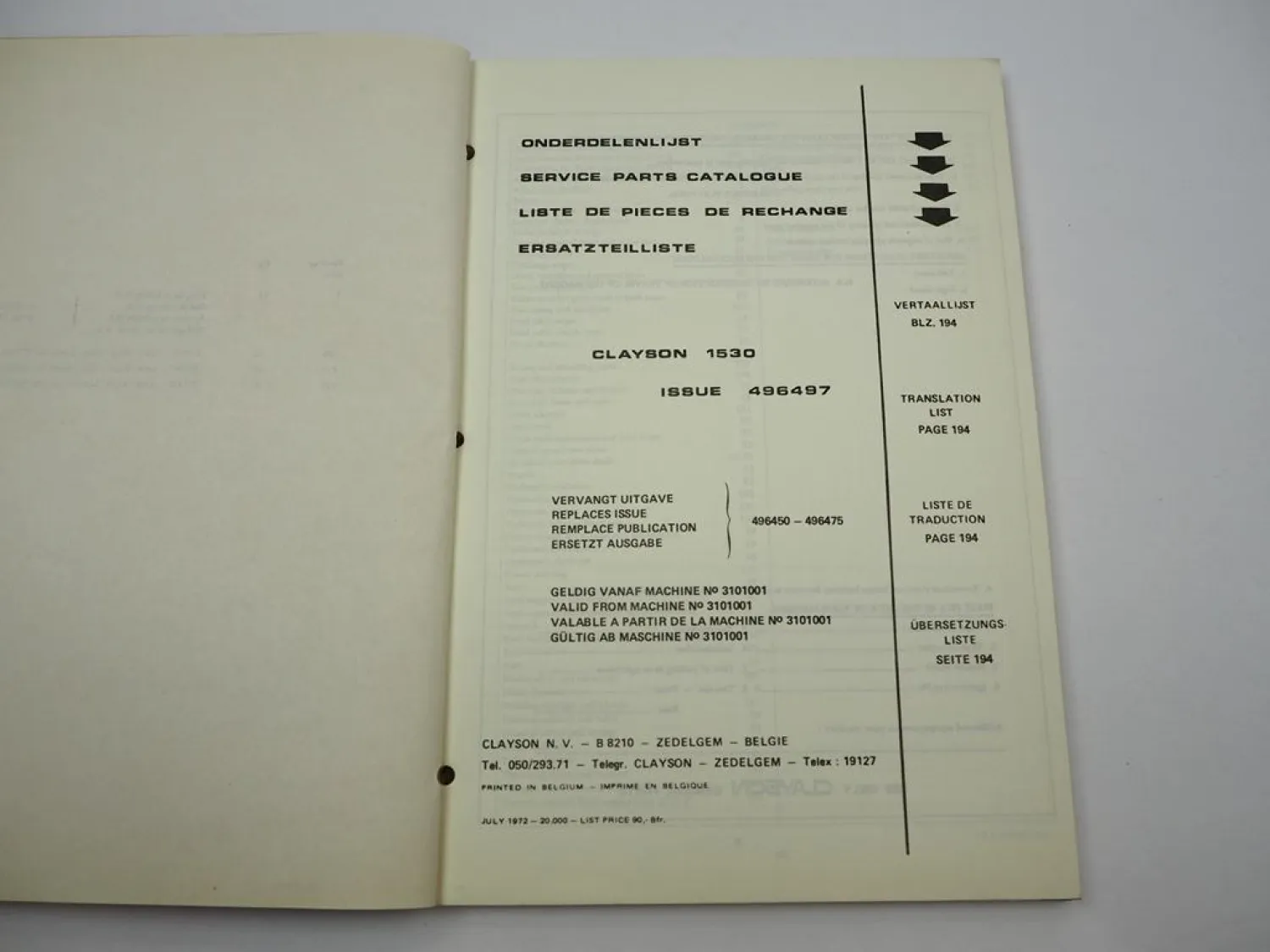 Orig. Sperry Clayson 1530 Combine Mähdrescher Ersatzteilliste Parts List 7/1972