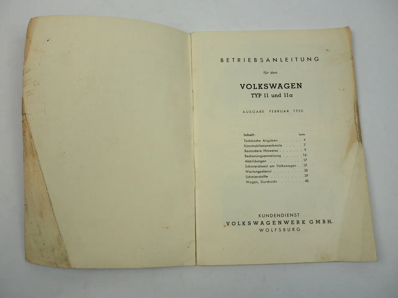 orig VW Käfer Typ 11 11a Betriebsanleitung 1950 Brezelkäfer