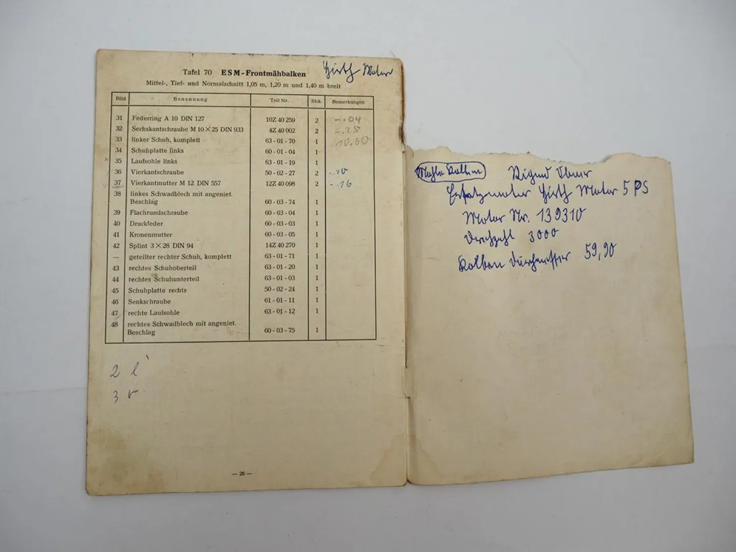 Original Agria 1300 Motormäher Hirth Motor 34M3 Mähbalken Ersatzteilliste 1957