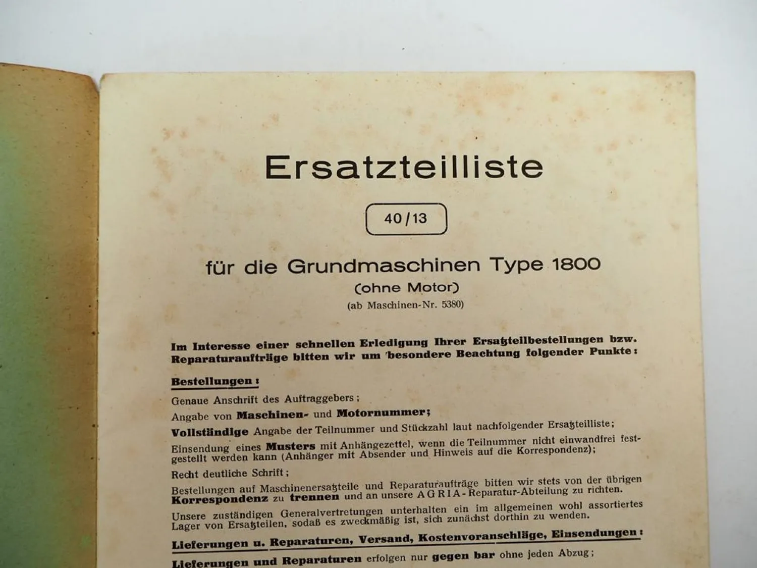 Original Agria 1800 Einachsschlepper Universalmaschine Ersatzteilliste 1956