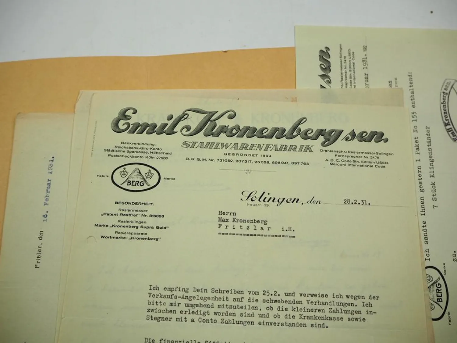 Original Belege Briefwechsel Firma Emil Kronenberg Stahlwaren Solingen 1920/30er