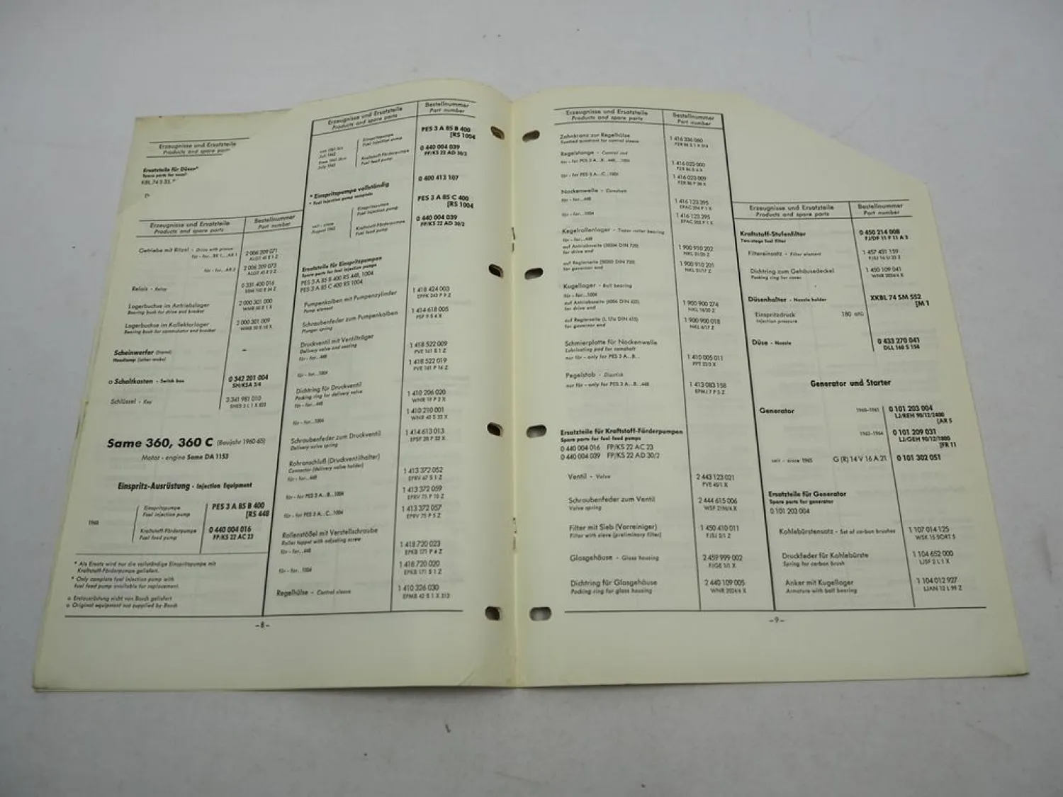 Original Bosch Service-Liste für Same Cassani Baureihe Traktoren 1956-1966