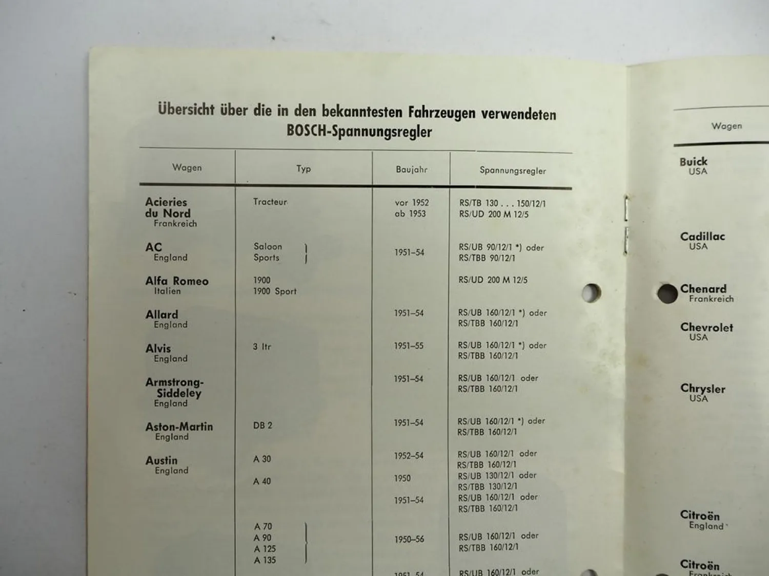 Original Bosch Spannungsregler Handbuch mit PKW Fahrzeug-Übersicht 1957