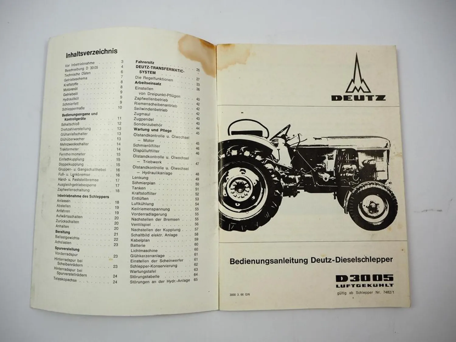 Original Deutz D3005 Schlepper Betriebsanleitung Bedienungsanleitung 1966