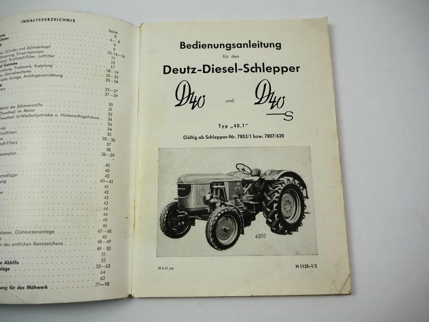 Original Deutz D40 D40S Typ D40.1 Schlepper Betriebsanleitung Bedienung 1961