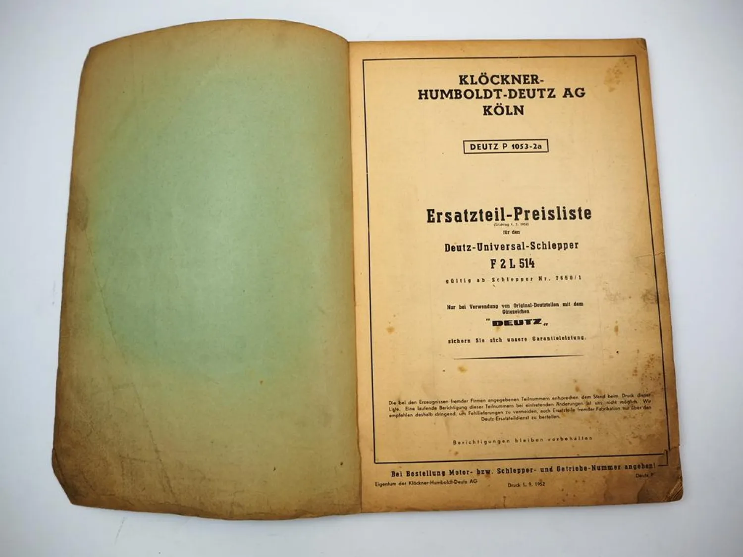 Original Deutz F2L 514 Schlepper ab 7650/1 Ersatzteil Preisliste 1952