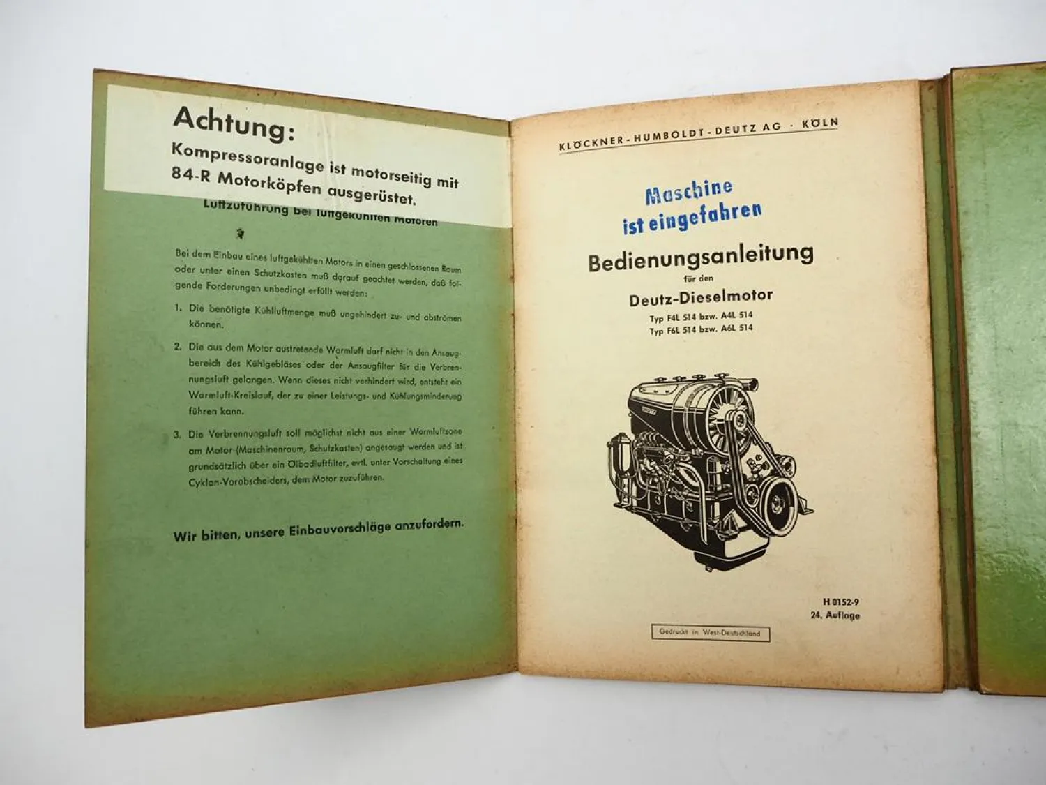 Original Deutz F4L F6L A4L A6L 514 Dieselmotor Betriebsanleitung Wartung 1960er
