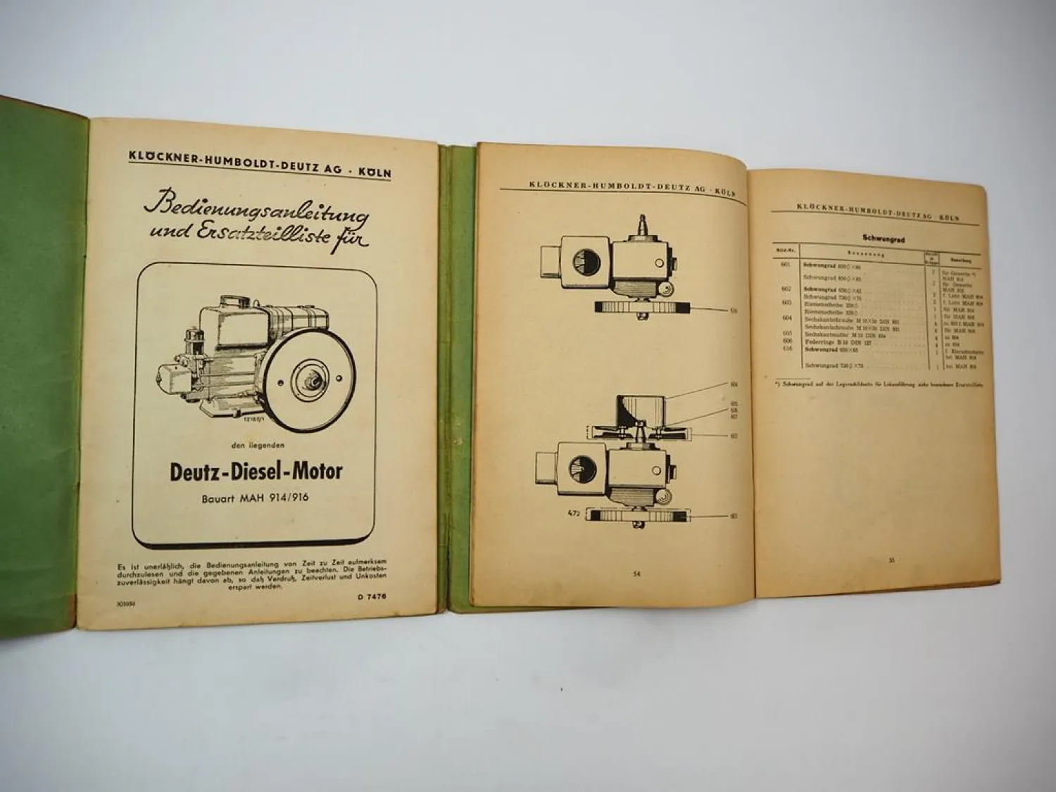 Original Deutz MAH 914 916 Dieselmotor Betriebsanleitung Ersatzteilliste 1950