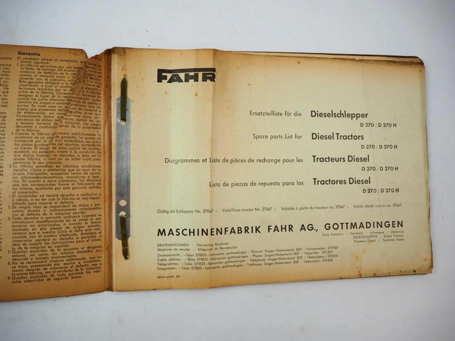 Original Ersatzteilliste Fahr D270 D270H Dieselschlepper 1955 Spare Parts List