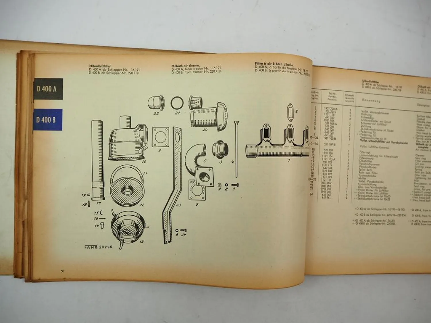 Original Fahr D400 A B C Dieselschlepper mit Motor Deutz F3L Ersatzteilliste 1960