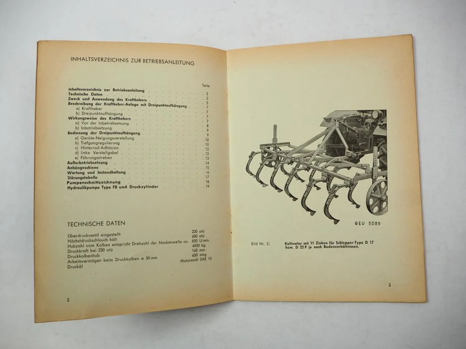 Original Fahr Kraftheber für D12 bis D270H Schlepper Betriebsanleitung 1956