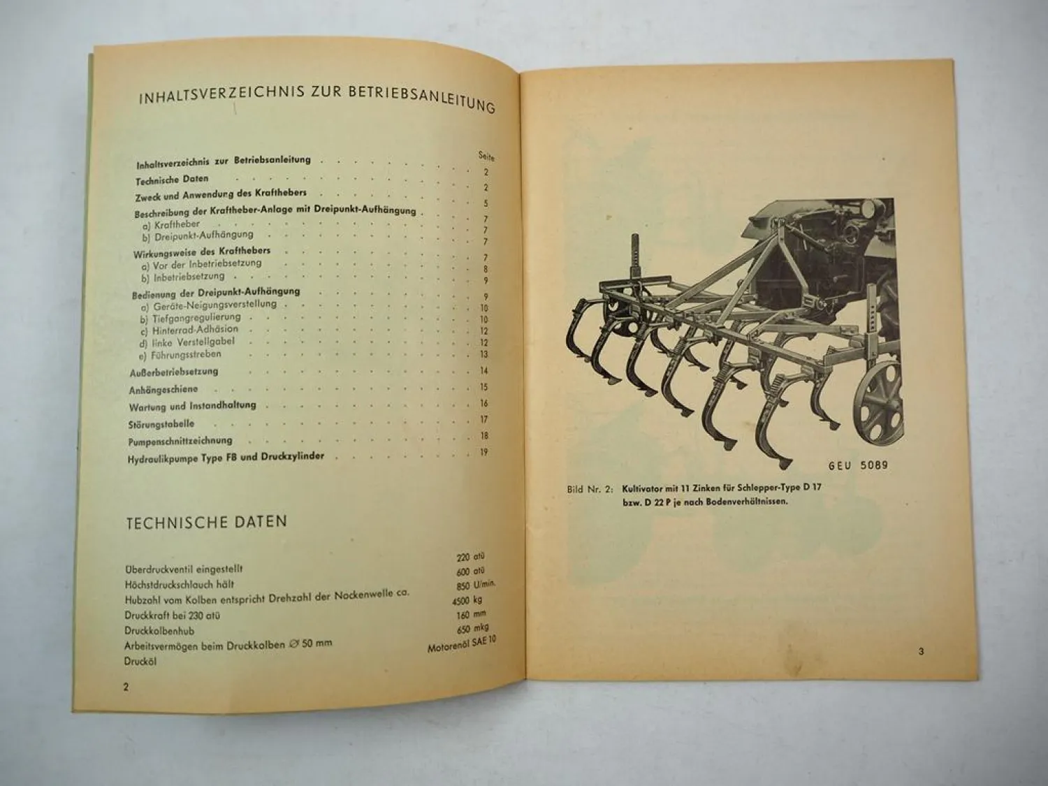 Original Fahr Kraftheber für D12 bis D270H Schlepper Betriebsanleitung 1960