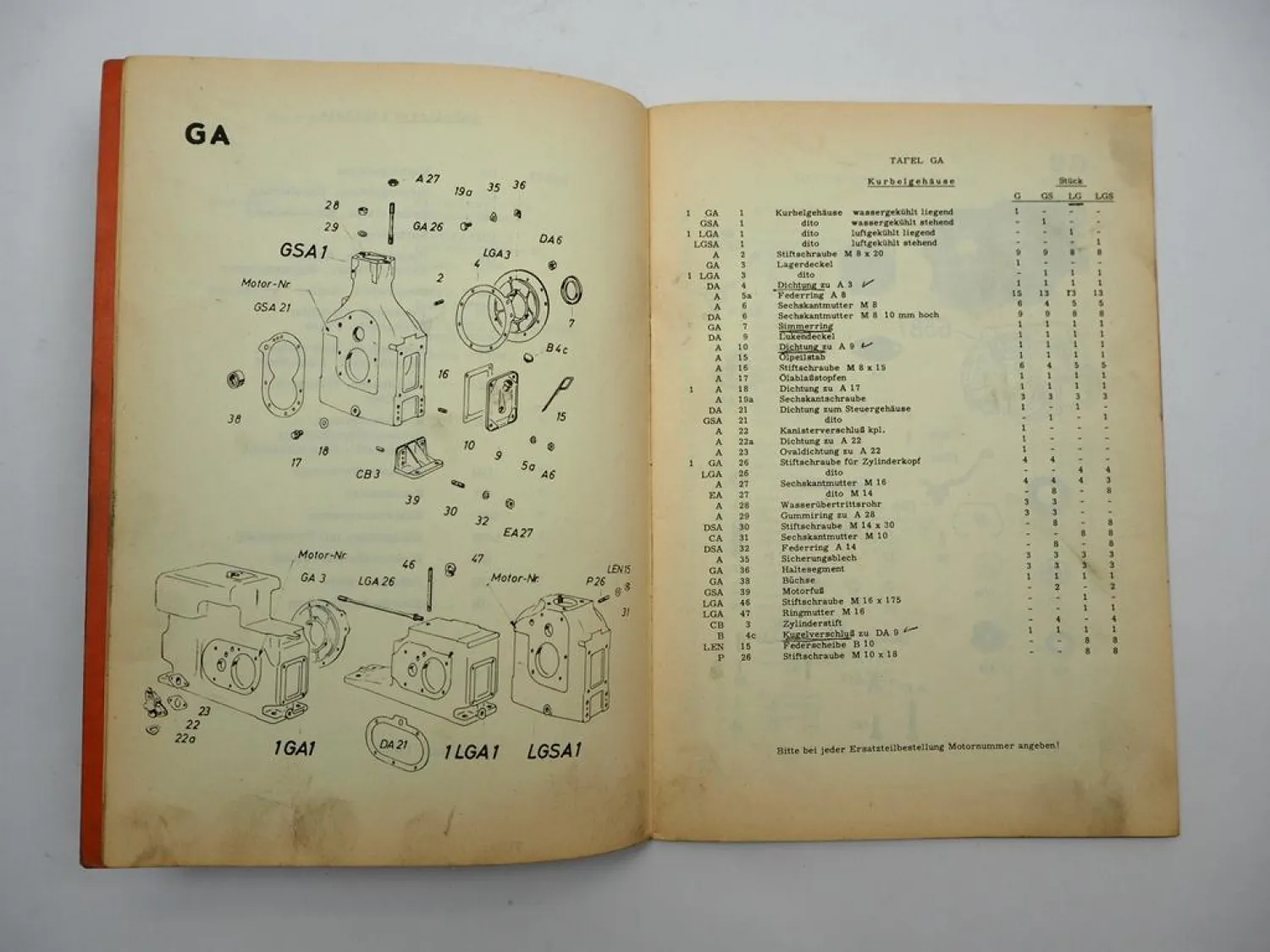 Original Farymann Diesel G GS LG LGS Motor Ersatzteilliste 1960