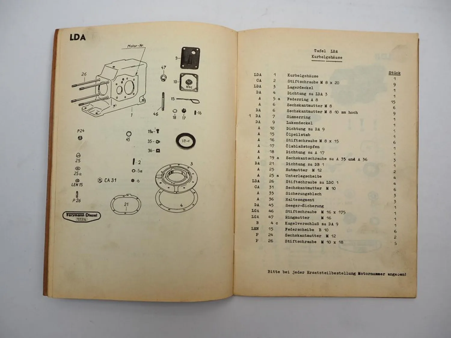 Original Farymann LD Dieselmotor 1 Zylinder Ersatzteilliste 1958