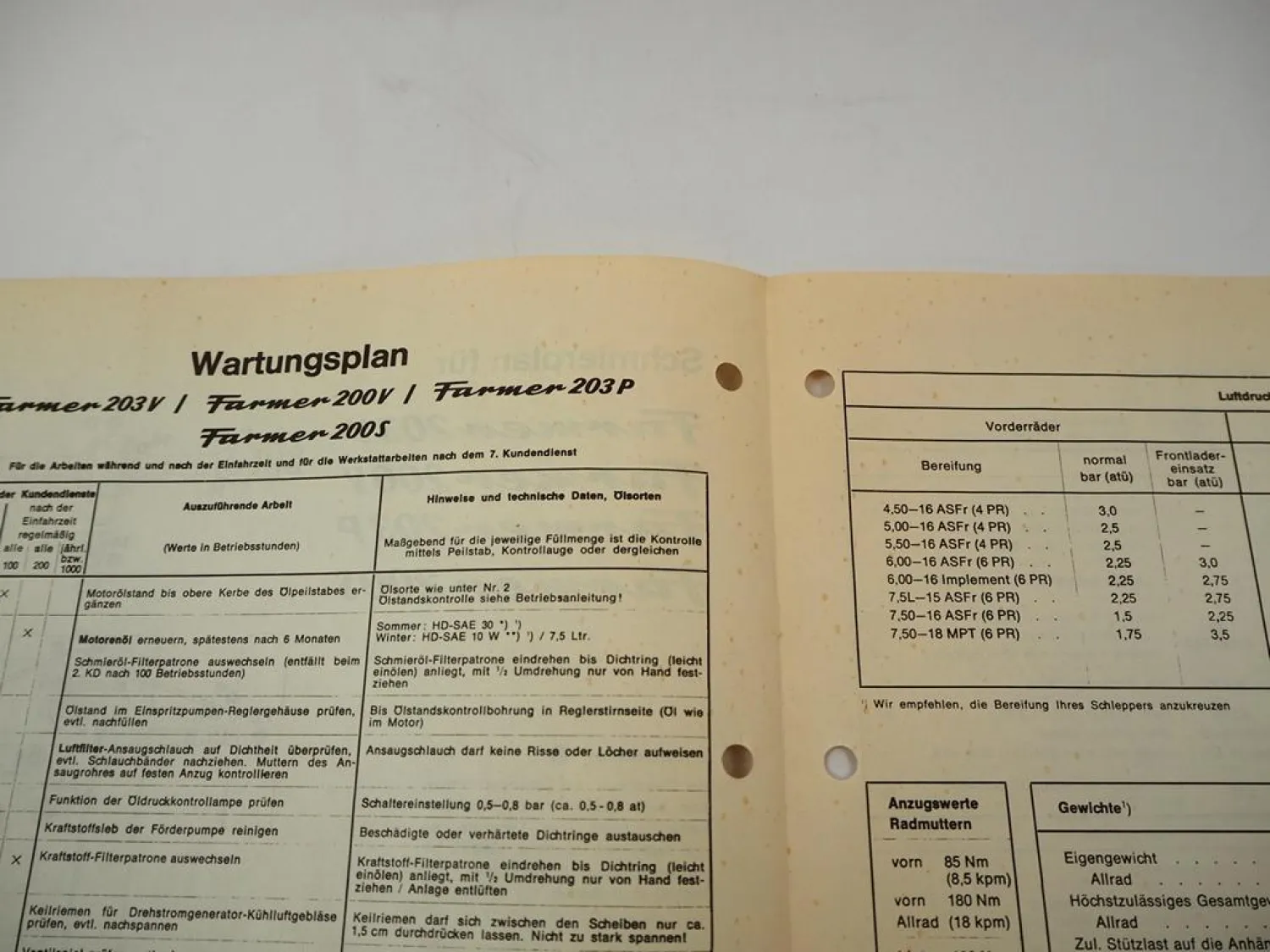 Original Fendt Farmer 200 S V 203 P V FL/FLA Schlepper Schmier- und Wartungsplan