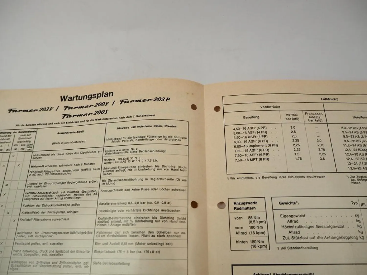 Original Fendt Farmer 200 S V 203 P V FL/FLA Schlepper Schmier- und Wartungsplan