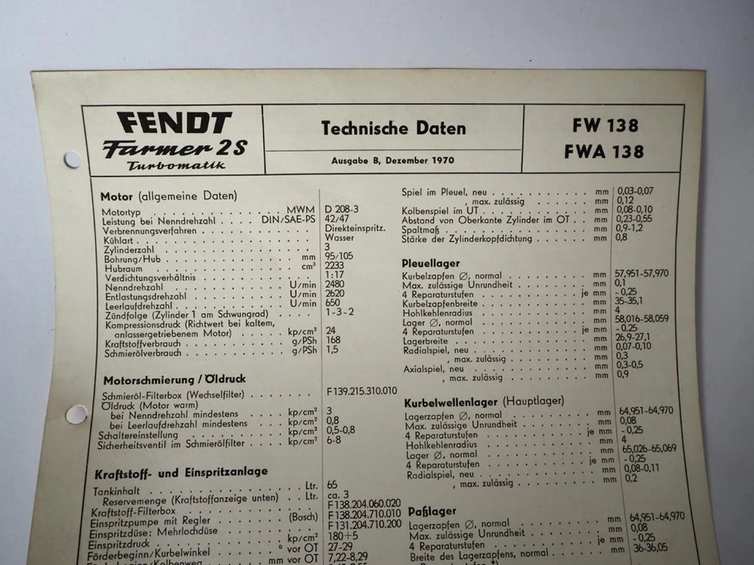 Original Fendt Farmer 2S FW138 FWA138 Ergänzung zur Betriebsanleitung 1970