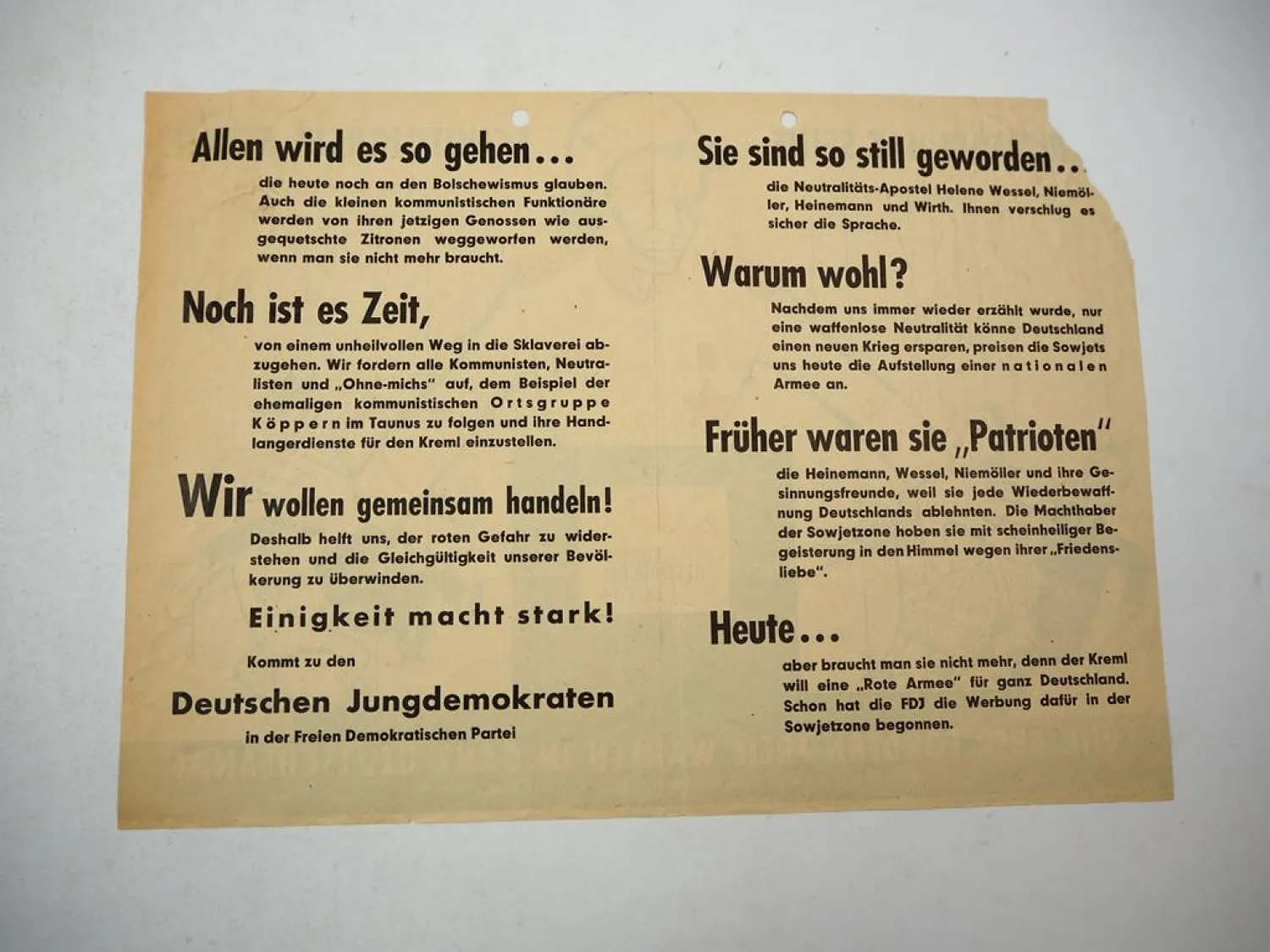 Original Flugblatt FDP Deutsche Jungdemokraten Wahlwerbung 1950er Jahre